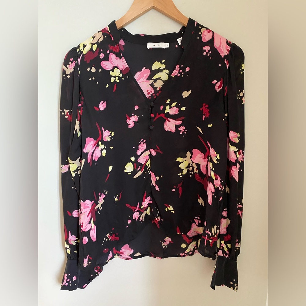 A.L.C. Rivera Silk Black Long Sleeve Floral Blouse Size 2 or Small Cottagecore - Picture 3 of 13